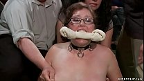 Chubby obedient slut Alexxa Bound with eyeglasses is public d. and lezdom tormented and rough banged by big cock master in front of crowd
